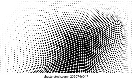 Resumen de la ola de media tonalidad salpicada de fondo. Futurista patrón de grunge torcido, punto, círculos. Vector textura moderna de arte pop óptico para afiches, tarjetas de visita, portada, maqueta de etiquetas, disposición de pegatinas