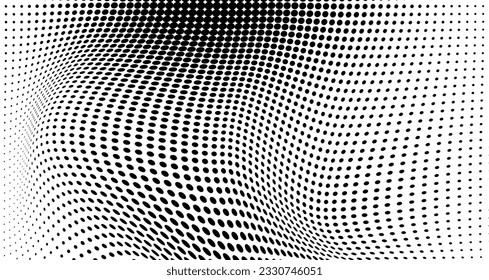 Resumen de la ola de media tonalidad salpicada de fondo. Futurista patrón de grunge torcido, punto, círculos. Vector textura moderna de arte pop óptico para afiches, tarjetas de visita, portada, maqueta de etiquetas, disposición de pegatinas