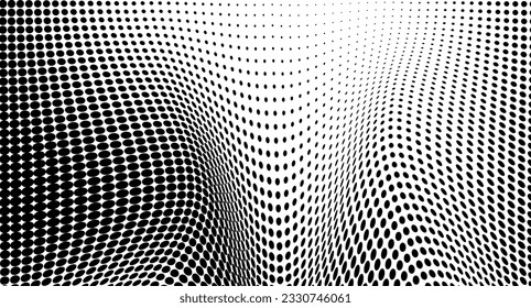 Abstract halftone wave dotted background. Futuristic twisted grunge pattern, dot, circles. Vector modern optical pop art texture for posters, business cards, cover, labels mock-up, stickers layout