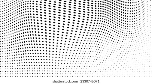 Resumen de la ola de media tonalidad salpicada de fondo. Futurista patrón de grunge torcido, punto, círculos. Vector textura moderna de arte pop óptico para afiches, tarjetas de visita, portada, maqueta de etiquetas, disposición de pegatinas
