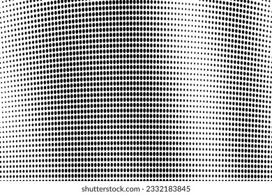 Resumen de la ola de media tonalidad salpicada de fondo. Futurista patrón de grunge torcido, punto, círculos. Vector textura moderna de arte pop óptico para afiches, tarjetas de visita, portada, maqueta de etiquetas, disposición de pegatinas