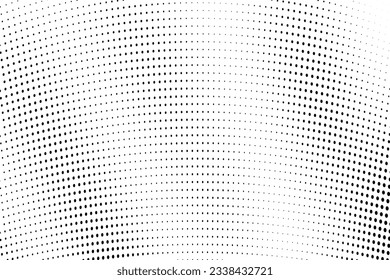 Resumen de la ola de media tonalidad salpicada de fondo. Futurista patrón de grunge torcido, punto, círculos. Vector textura moderna de arte pop óptico para afiches, tarjetas de visita, portada, maqueta de etiquetas, disposición de pegatinas