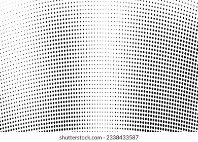 Resumen de la ola de media tonalidad salpicada de fondo. Futurista patrón de grunge torcido, punto, círculos. Vector textura moderna de arte pop óptico para afiches, tarjetas de visita, portada, maqueta de etiquetas, disposición de pegatinas