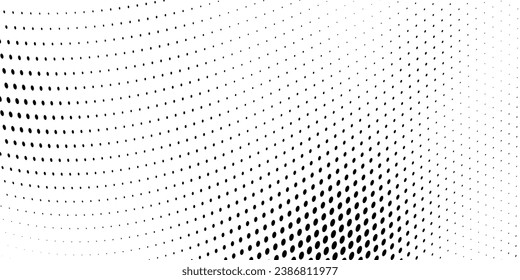 Resumen de la ola de media tonalidad salpicada de fondo. Futurista patrón de grunge torcido, punto, círculos. Vector textura moderna de arte pop óptico para afiches, tarjetas de visita, portada, maqueta de etiquetas, disposición de pegatinas