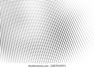 Resumen de la ola de media tonalidad salpicada de fondo. Futurista patrón de grunge torcido, punto, círculos. Vector textura moderna de arte pop óptico para afiches, tarjetas de visita, portada, maqueta de etiquetas, disposición de pegatinas