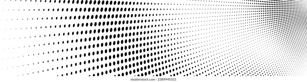 Resumen de la ola de media tonalidad salpicada de fondo. Futurista patrón de grunge torcido, punto, círculos. Vector textura moderna de arte pop óptico para afiches, tarjetas de visita, portada, maqueta de etiquetas, disposición de pegatinas