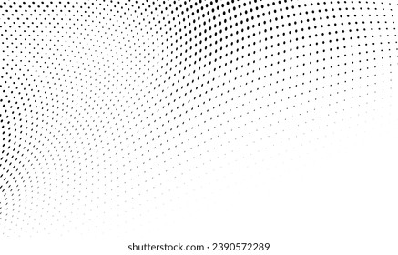 Resumen de la ola de media tonalidad salpicada de fondo. Futurista patrón de grunge torcido, punto, círculos. Vector textura moderna de arte pop óptico para afiches, tarjetas de visita, portada, maqueta de etiquetas, disposición de pegatinas