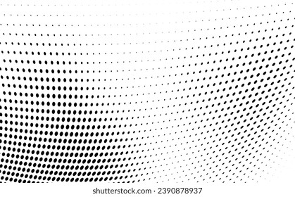 Resumen de la ola de media tonalidad salpicada de fondo. Futurista patrón de grunge torcido, punto, círculos. Vector textura moderna de arte pop óptico para afiches, tarjetas de visita, portada, maqueta de etiquetas, disposición de pegatinas