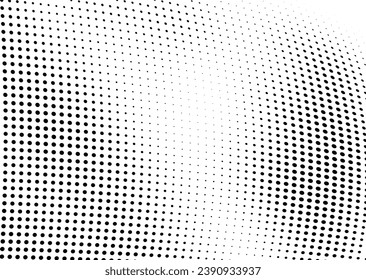 Resumen de la ola de media tonalidad salpicada de fondo. Futurista patrón de grunge torcido, punto, círculos. Vector textura moderna de arte pop óptico para afiches, tarjetas de visita, portada, maqueta de etiquetas, disposición de pegatinas
