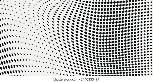 Abstract halftone wave dotted background. Futuristic twisted grunge pattern, dot, circles