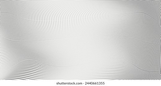Abstrakter Halbtonwellen-gepunkteter Hintergrund. Futuristisches verdrehtes Grunge-Muster, Punkt, Kreise. Vektor moderne optische Pop Art Textur für Poster, Visitenkarten, Cover	