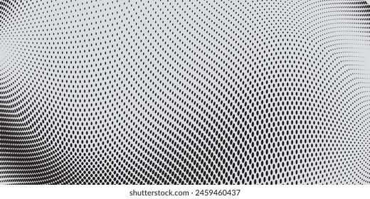 Abstract halftone wave dotted background. Futuristic twisted grunge pattern, dot, circles. Vector modern optical pop art texture for posters, business cards