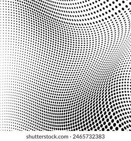 Abstrakter Halbtonwellenhintergrund. Futuristisches verdrehtes Grunge-Muster, Punkt, Kreise. Vektorgrafik Moderne Optische Pop Art Textur für Poster, Visitenkarten, Cover, Etiketten Mock-up, Aufkleber Layout
