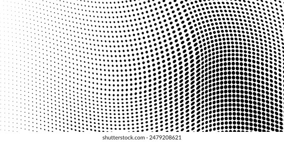 Abstract halftone wave dotted background. Futuristic twisted grunge pattern, dot, circles. Vector modern optical pop art texture for posters, business cards, cover, labels mock-up, stickers layout