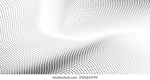 Abstract halftone wave dotted background. Futuristic twisted grunge pattern, dot, circles. Vector modern optical pop art texture 