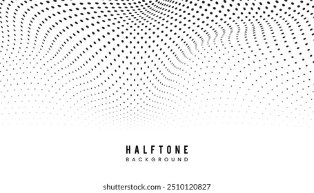Plano de fundo pontilhado de onda de meio-tom abstrato. Padrão de grunge retorcido futurista, ponto, círculos. Vetor moderno óptico pop art textura.