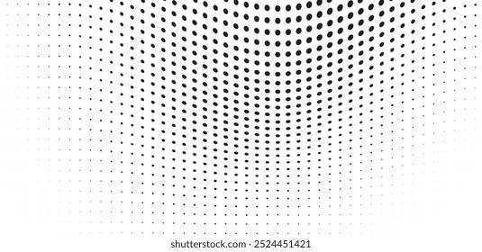 Abstractas fondo punteado de onda de medio tono. Patrón de grunge retorcido futurista, punto, círculos. Vector de textura de arte pop óptico moderno para carteles, tarjetas de visita, cubierta, maqueta de etiquetas, diseño de pegatinas