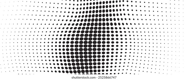 Abstract halftone wave dotted background. Futuristic twisted grunge pattern, dot, circles. Vector modern optical pop art texture for posters, business cards, cover, labels mock-up, stickers layout