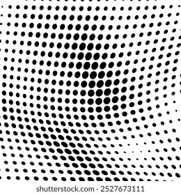 Abstractas fondo punteado de onda de medio tono. Patrón de grunge retorcido futurista, punto, círculos. Vector de textura de arte pop óptico moderno para carteles, tarjetas de visita, cubierta, maqueta de etiquetas, diseño de pegatinas