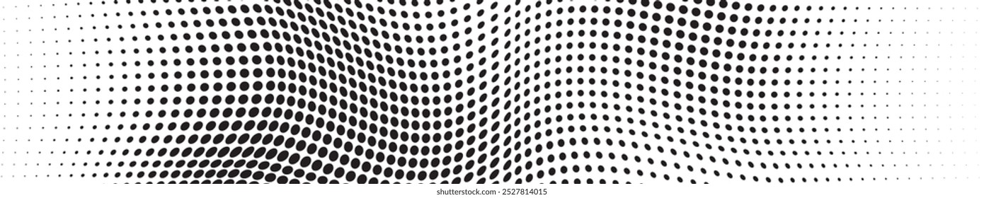 Plano de fundo pontilhado de onda de meio-tom abstrato. Padrão de grunge retorcido futurista, ponto, círculos. Vetor moderno óptico pop art textura para cartazes, cartões de visita, tampa, etiquetas mock-up, layout de adesivos
