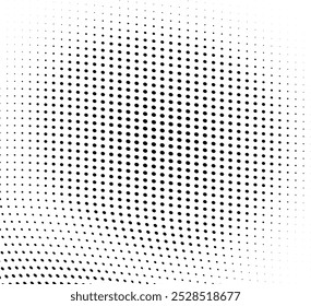 Abstractas fondo punteado de onda de medio tono. Patrón de grunge retorcido futurista, punto, círculos. Vector de textura de arte pop óptico moderno para carteles, tarjetas de visita, cubierta, maqueta de etiquetas, diseño de pegatinas