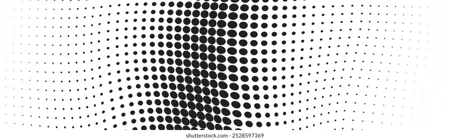 Plano de fundo pontilhado de onda de meio-tom abstrato. Padrão de grunge retorcido futurista, ponto, círculos. Vetor moderno óptico pop art textura para cartazes, cartões de visita, tampa, etiquetas mock-up, layout de adesivos
