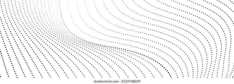 Plano de fundo pontilhado de onda de meio-tom abstrato. Padrão de grunge retorcido futurista, pontos, círculos. Vetor moderno óptico pop art textura.