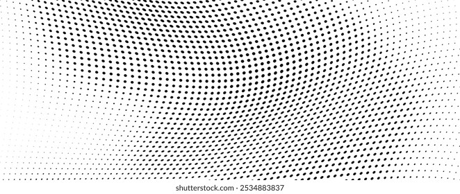 Plano de fundo pontilhado de onda de meio-tom abstrato. Padrão de grunge retorcido futurista, ponto, círculos. Vetor moderno óptico pop art textura para cartazes, cartões de visita, tampa, etiquetas mock-up, layout de adesivos