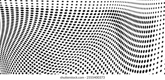 Abstract halftone wave dotted background. Halftone grunge pattern with square. Vector halftone modern pop art twisted texture for poster, cover, business card, postcard, art label layout, sticker.