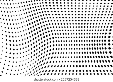 Abstract halftone wave dotted background. Halftone grunge pattern with square. Vector halftone modern pop art twisted texture for poster, cover, business card, postcard, art label layout, sticker.