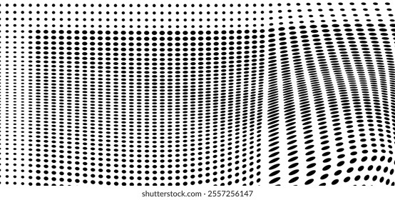 Abstract halftone wave dotted background. Halftone grunge pattern with square. Vector halftone modern pop art twisted texture for poster, cover, business card, postcard, art label layout, sticker.