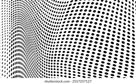 Abstract halftone wave dotted background. Halftone grunge pattern with square. Vector halftone modern pop art twisted texture for poster, cover, business card, postcard, art label layout, sticker.