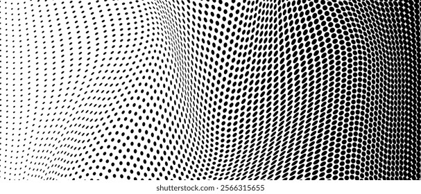 Abstract halftone wave dotted background. Halftone grunge pattern with square. Vector halftone modern pop art twisted texture for poster, cover, business card, postcard, art label layout, sticker.