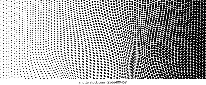 Abstract halftone wave dotted background. Halftone grunge pattern with square. Vector halftone modern pop art twisted texture for poster, cover, business card, postcard, art label layout, sticker.