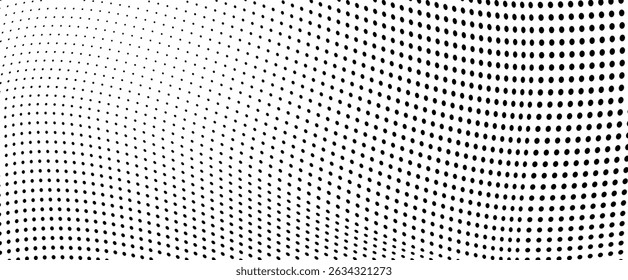Abstractas fondo punteado de onda de medio tono. Patrón de grunge retorcido futurista, punto, círculos.  Vector de textura de arte pop óptico moderno para carteles, tarjetas de visita, cubierta, maqueta de etiquetas, diseño de pegatinas