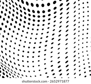 Plano de fundo pontilhado de onda de meio-tom abstrato. Meio-tom torcido grunge padrão, ponto, círculo.  Vetor moderno óptico meio-tom pop art textura para cartaz, cartão de visita, capa, etiqueta mock-up, layout adesivo
