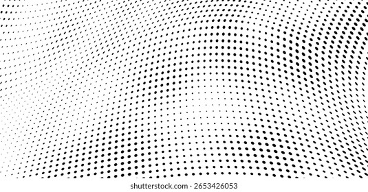 Abstractas fondo punteado de onda de medio tono. Patrón de grunge retorcido semitono, punto, círculo.  Textura óptica moderna del arte pop del semitono del Vector para el cartel, tarjeta de visita, cubierta, maqueta de la etiqueta, diseño de la etiqueta