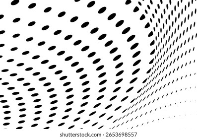 Plano de fundo pontilhado de onda de meio-tom abstrato. Meio-tom torcido grunge padrão, ponto, círculo.  Vetor moderno óptico meio-tom pop art textura para cartaz, cartão de visita, capa, etiqueta mock-up, layout adesivo
