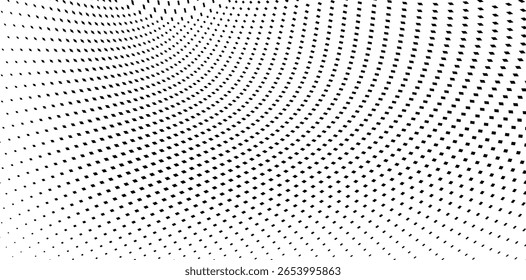 Plano de fundo pontilhado de onda de meio-tom abstrato. Meio-tom torcido grunge padrão, ponto, círculo.  Vetor moderno óptico meio-tom pop art textura para cartaz, cartão de visita, capa, etiqueta mock-up, layout adesivo