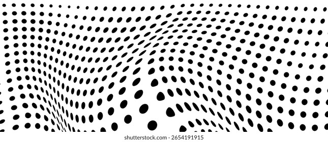 Abstractas fondo punteado de onda de medio tono. Patrón de grunge retorcido semitono, punto, círculo.  Textura óptica moderna del arte pop del semitono del Vector para el cartel, tarjeta de visita, cubierta, maqueta de la etiqueta, diseño de la etiqueta