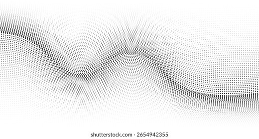 Plano de fundo pontilhado de onda de meio-tom abstrato. Padrão de grunge retorcido futurista, ponto, círculos. Vetor moderno óptico pop art textura para cartazes, cartões de visita, capa, ilustração	