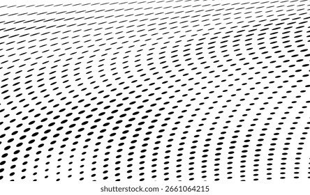 Plano de fundo pontilhado de onda de meio-tom abstrato. Meio-tom torcido grunge padrão, ponto, círculo.  Vetor moderno óptico meio-tom pop art textura para cartaz, cartão de visita, capa, etiqueta mock-up, layout adesivo