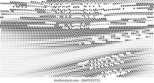 Abstractas fondo punteado de onda de medio tono. Patrón de grunge retorcido futurista, punto, círculos