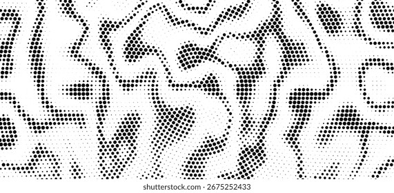 Abstractas fondo punteado de onda de medio tono. Patrón de grunge retorcido futurista, punto, círculos. Vector de textura de arte pop óptico moderno para carteles, tarjetas de visita, cubierta, maqueta de etiquetas, diseño de pegatinas

