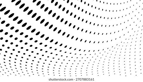 Abstractas fondo punteado de onda de medio tono. Patrón de grunge retorcido futurista, punto, círculos. Vector de textura de arte pop óptico moderno para carteles, tarjetas de visita, cubierta, maqueta de etiquetas, diseño de pegatinas	