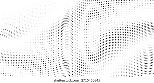 Abstrakte Halbtonwelle, gepunkteter Hintergrund. Futuristisches verdrehtes Grunge-Muster, Punkt, Kreise. Vektormoderne optische Pop Art Textur für Poster, Visitenkarten, Cover, Labels mock-up, Aufkleber Layout