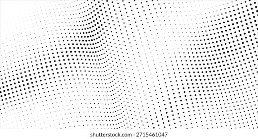Abstrakte Halbtonwelle, gepunkteter Hintergrund. Futuristisches verdrehtes Grunge-Muster, Punkt, Kreise. Vektormoderne optische Pop Art Textur für Poster, Visitenkarten, Cover, Labels mock-up, Aufkleber Layout eps10