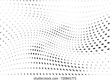 Abstract halftone wave dotted background. Monochrome futuristic grunge pattern, stars.  Vector modern optical pop art texture for posters, site, postcard, cover, labels, vintage sticker mock-up layout