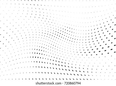 Abstract halftone wave dotted background. Monochrome futuristic grunge pattern, stars.  Vector modern optical pop art texture for posters, site, postcard, cover, labels, vintage sticker mock-up layout