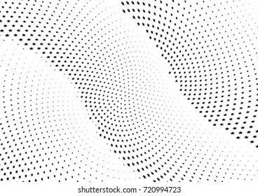 Abstract halftone wave dotted background. Monochrome futuristic grunge pattern, stars.  Vector modern optical pop art texture for posters, site, postcard, cover, labels, vintage sticker mock-up layout